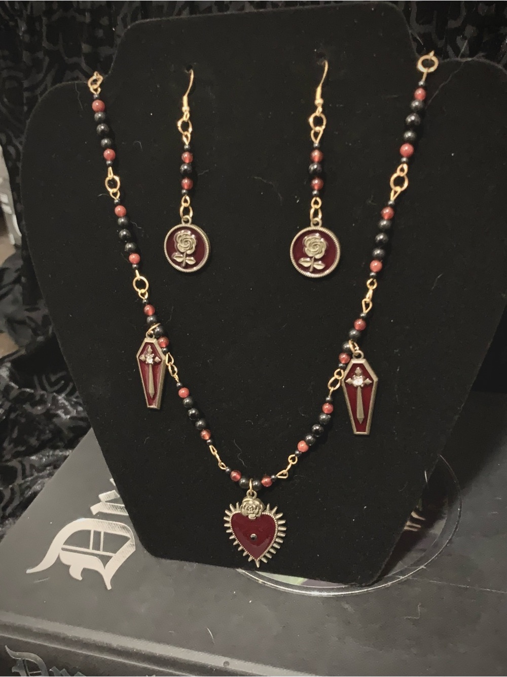 Gold-Tone Red and Black Heart Pendant Necklace & Earring Set